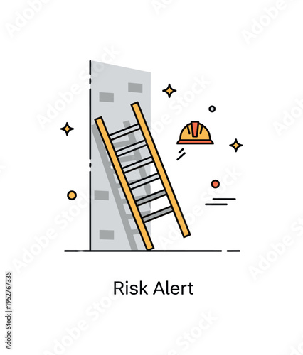 Unsafe ladders construction site risk illustrated by a ladder leaning incorrectly against a wall with a tiny safety helmet icon nearby, emphasizing workplace