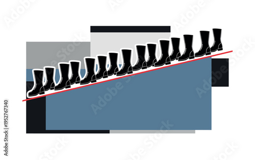 Black and white row of boots stepping in sync along a picket line, large muted blue rectangle anchoring lower composition, thin red diagonal accent emphasizing