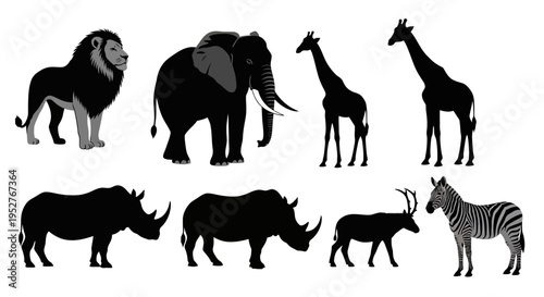 African Wildlife Silhouettes: Lion, Elephant, Giraffe, Rhinos, Zebra, Antelope