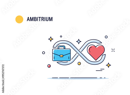 Equilibrium between ambition and rest illustrated by a smooth infinity loop connecting a briefcase and a heart symbol, expressing continuous balance between