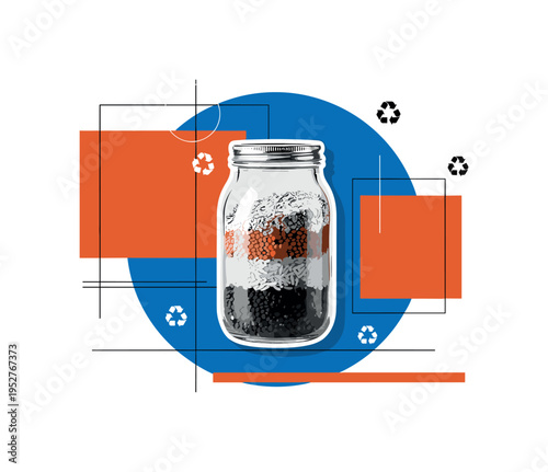black and white reusable glass jar filled with bulk grains as central object, realistic cut-out with subtle white outline, layered with bold cobalt blue