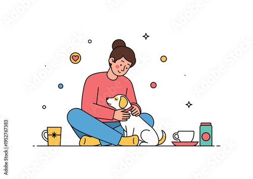 Spending time with a pet showing a person sitting on the floor gently cuddling a small dog, expressing warmth, companionship, and everyday affection. The