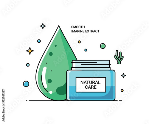 Algae skincare ingredient smooth green extract drop beside a minimal cosmetic jar labeled Natural Care, highlighting beauty products inspired by marine