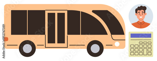 Public transport, carpooling, commuting, sustainability, fare estimation, urban mobility. A bus, a smiling passenger profile and a calculator icon. Public transport and fare estimation concepts