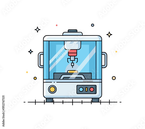 Robotic production unit design centered on a sleek enclosed machine with a glowing control button and subtle alignment grid beneath it. The visual metaphor