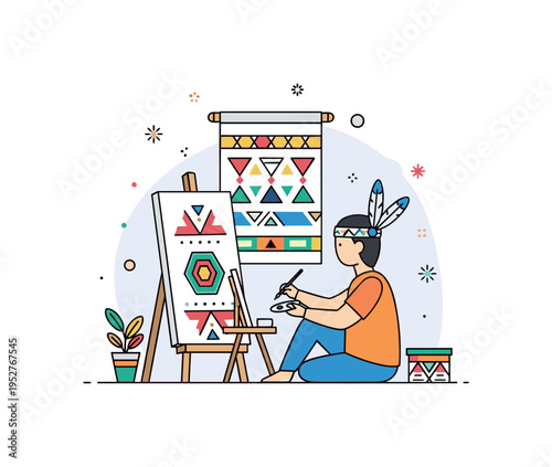 Indigenous inspired art creation concept illustrated through an artist seated beside a canvas with geometric tribal patterns, symbolizing preservation of