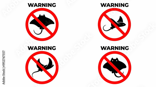 Collection of graphic warning signs featuring various stingray silhouettes within a red prohibition circle, indicating potential danger or restricted areas for marine safety and public awareness