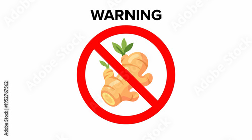 No Ginger Allowed Symbol A Red Circle with a Diagonal Line Across a Fresh Ginger Root with Green Leaves on a White Background, Signifying Prohibition or Restriction