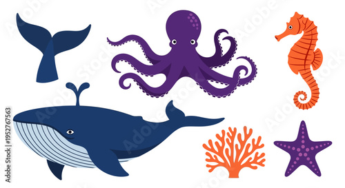 colorful ocean creatures icons set