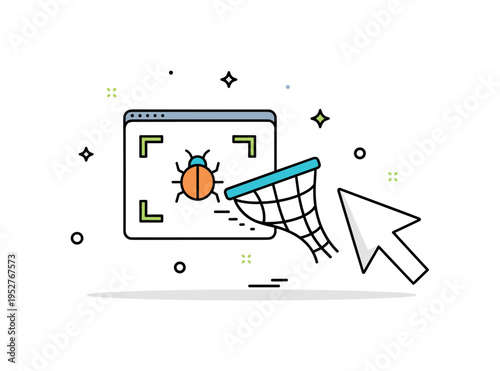 Tracking down software bug concept illustrated by a small bug icon inside a code frame being captured by a net shaped cursor, symbolizing detection and