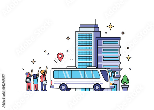 Urban architecture admiration featuring a compact city tour bus parked beside a stylized contemporary building while tourists point upward in appreciation,