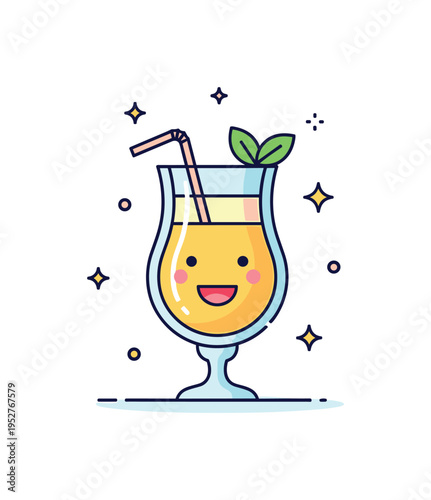 Pina colada tropical happiness symbol with a smiling stylized cocktail glass framed by subtle sparkles and a small leaf accent. A bright and optimistic visual