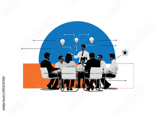 Black and white team silhouettes gathered around a table brainstorming, bold blue semicircle behind upper area suggesting shared vision, orange rectangle