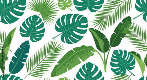 Vibrant tropical leaf pattern with monstera and palm leaves on white background
