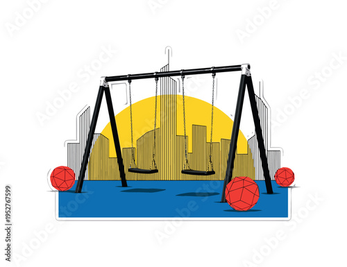 Black and white retro swing set placed centrally, bold yellow semicircle behind like rising sun between buildings, thin vertical line structures resembling