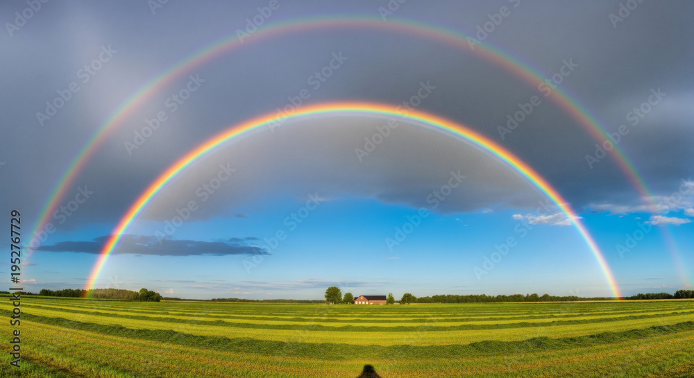 Fototapeta premium Double rainbow over green field under cloudy sky 