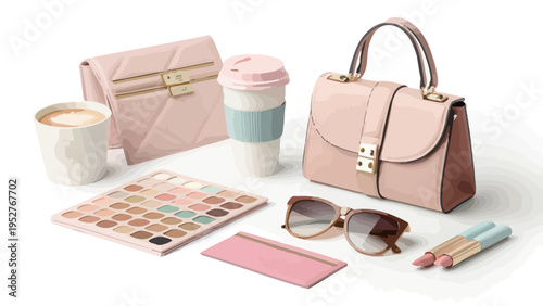 Pink handbag makeup and accessories flat lay with sunglasses wallet coffee cups on white background