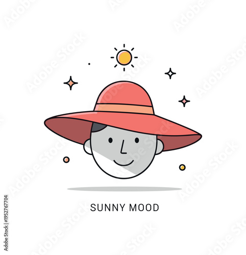 Wearing a sunhat relaxed summer portrait with a wide brim hat casting a soft shadow over a simple smiling face, a small sun icon above suggesting warmth and