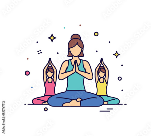 Yoga class community concept featuring a central instructor silhouette with two smaller figures behind in matching poses, symbolizing shared practice and