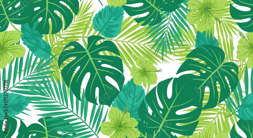 tropical leaf seamless pattern, monstera and palm leaves in green hues