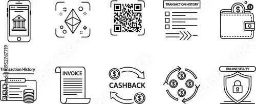 Digital finance and banking icon set including mobile payment QR code invoice cashback security vector outline illustration minimalist isolated design