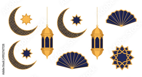 Ramadan decorations, gold and blue islamic symbols