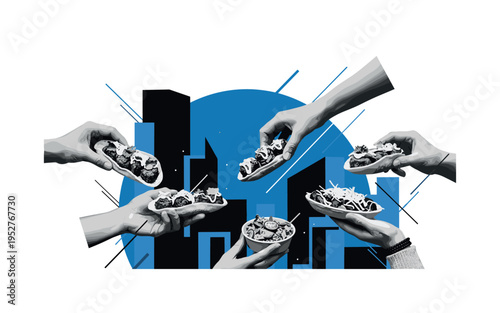 Monochrome close-up of hands reaching in to share different street food dishes, intersected by a large blue semicircle and abstract rectangular
