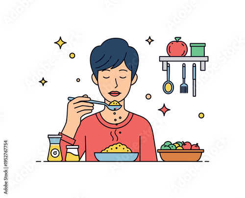 Home kitchen scene with a person tasting and seasoning a dish from a tasting spoon, illustrating refinement, flavor balancing, and professional-style cooking