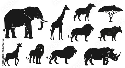 African Wildlife Silhouette Collection: Elephant, Giraffe, Lion, Rhino & Acacia Tree