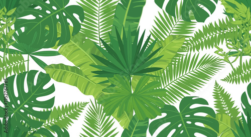 Lush Tropical Foliage Pattern with Various Green Leaves