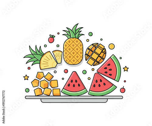 Fruit platter tropical selection theme featuring pineapple wedges, mango cubes, and watermelon slices arranged in a playful semi circle. The scene communicates