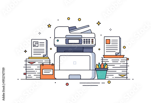 Multi-function office printer and copier with scanning and copying functions visible, surrounded by neatly stacked papers, emphasizing convenience