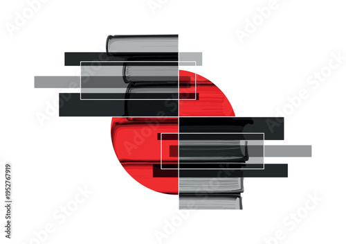 Monochrome close-up of stacked books with visible textured pages, intersected by a large red semicircle and abstract rectangular blocks symbolizing knowledge