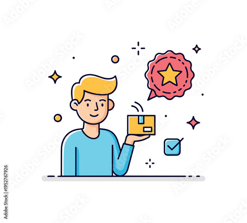 Brand ambassador agreement represented by a content creator icon holding a small product box while a star badge floats nearby, symbolizing endorsement and