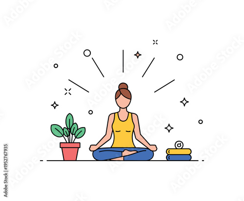 Peaceful home yoga atmosphere illustrated with a figure in a seated pose surrounded by a small potted plant and soft light rays, expressing relaxation and self