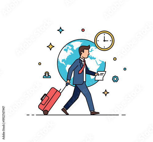 Business traveler walking with rolling suitcase and subtle clock accent, representing efficiency and global mobility. The badge style illustration conveys