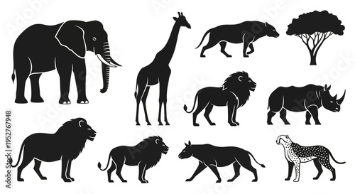 black silhouettes of various african wild animals