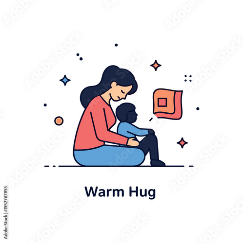 Mom comforting child quiet support illustration showing a mother seated closely beside a child silhouette with a small blanket icon nearby, representing safety
