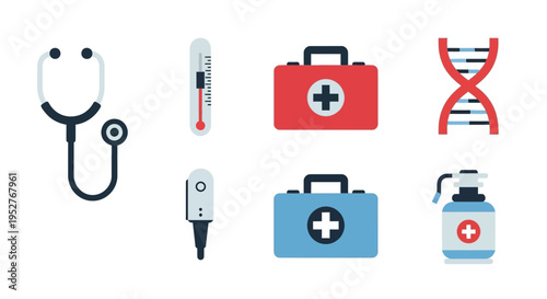 Medical icons set including stethoscope, first aid kits, and DNA