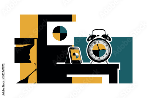 A monochrome alarm clock replacing a smartphone on a bedside table, bold geometric circles emphasizing analog simplicity, rectangular color fields structuring