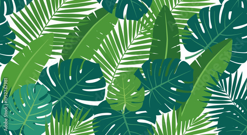 Lush tropical seamless pattern with green palm and monstera leaves on white background