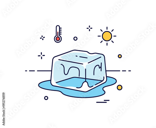 Ice block melting on a sunny surface with a small puddle forming around it, conveying simplicity, temperature change, and ephemeral nature. Minimalist flat