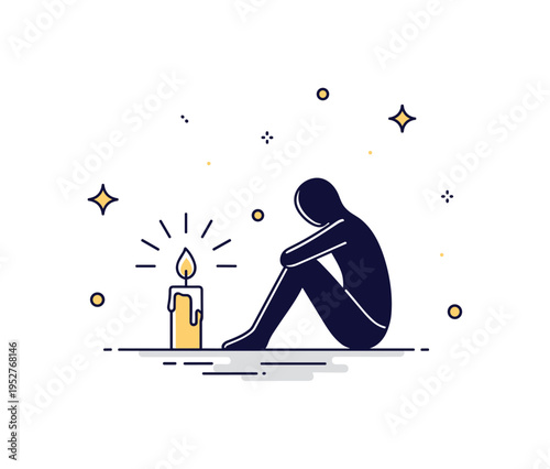 Light in solitude scene featuring a lone silhouette seated with a candle casting a gentle halo effect, symbolizing reflection, comfort, and emotional