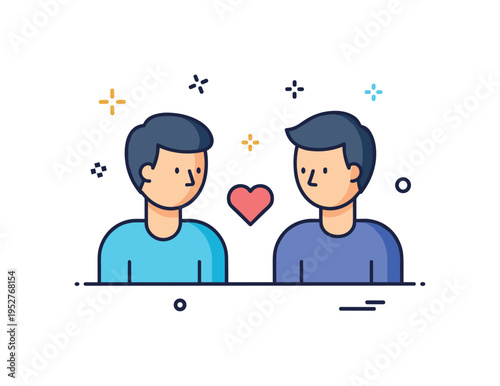 Friendship and emotional intelligence concept with two simple human silhouettes facing each other and a small heart icon balanced between them. The composition