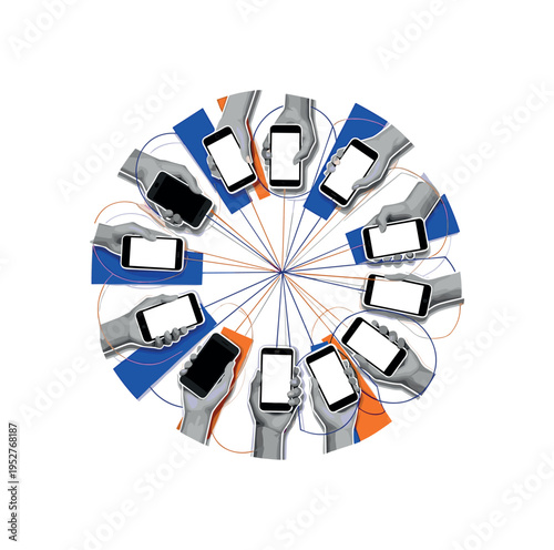 A monochrome group of diverse hands holding smartphones arranged in a circular formation, abstract geometric halos and thin lines connecting devices like a