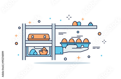 Egg storage and preservation concept illustrated through a compact refrigerator shelf icon holding an egg carton, symbolizing freshness, care, and proper
