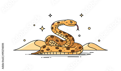 Desert stalker snake coiled among simple sand dunes with subtle shadow and flickering tongue, expressing tension and readiness before a precise strike.