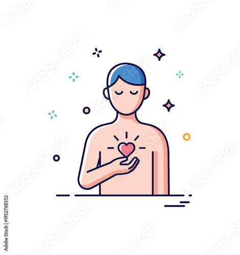 Self love and inner balance with a calm human silhouette holding a small heart at chest level and tiny star accents suggesting clarity. The visual metaphor