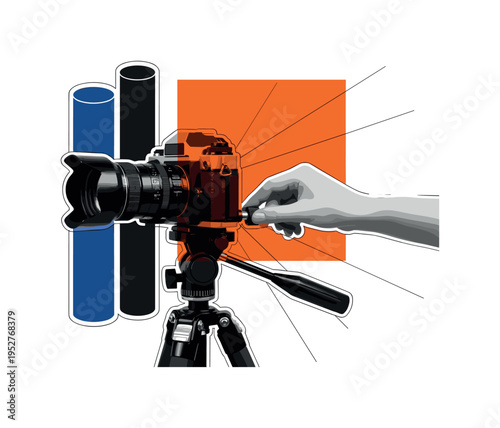 Black and white camera mounted on tripod with photographer?s hand tightening a knob, bright orange square partially intersecting the camera body, thin diagonal