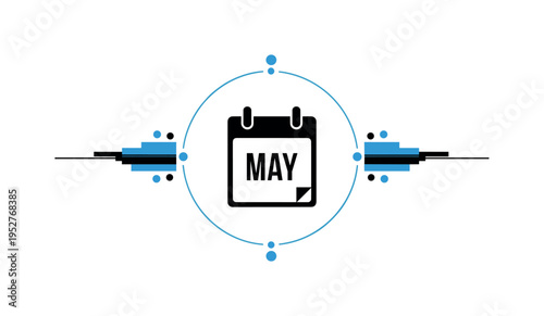 Centered silhouette-style calendar page icon with the word MAY simplified in bold lettering framed by a thin circular outline, surrounded by small blue dots